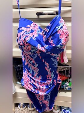 Lilly Pulitzer Blue Pink Coral Print One-Piece Swimsuit